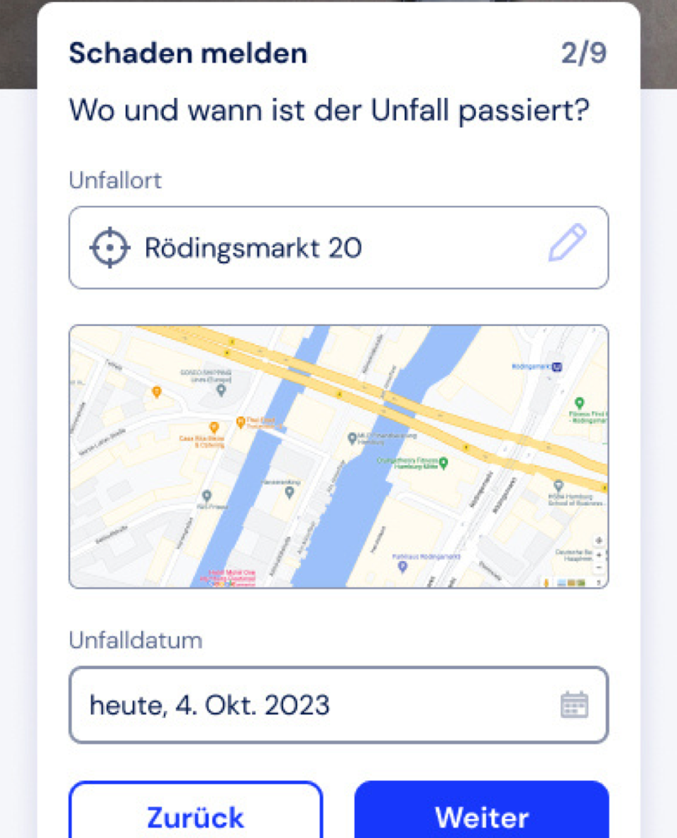 kaayo: Schritt 2 von 9 der Schadenmeldung mit Adresse und Weiter-Schaltfläche